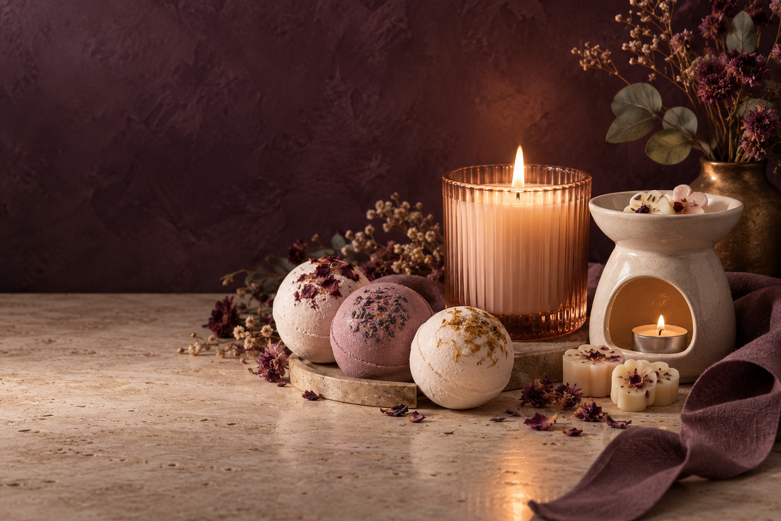 Handmade candle, wax melts and bath bombs in warm plum tones